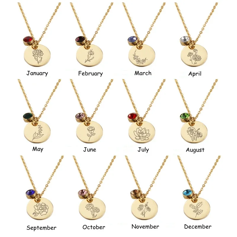 Birth Flower Necklace - Geburtsmonat Blumen Clipart Blumenscheiben Edelstahl Anhänger