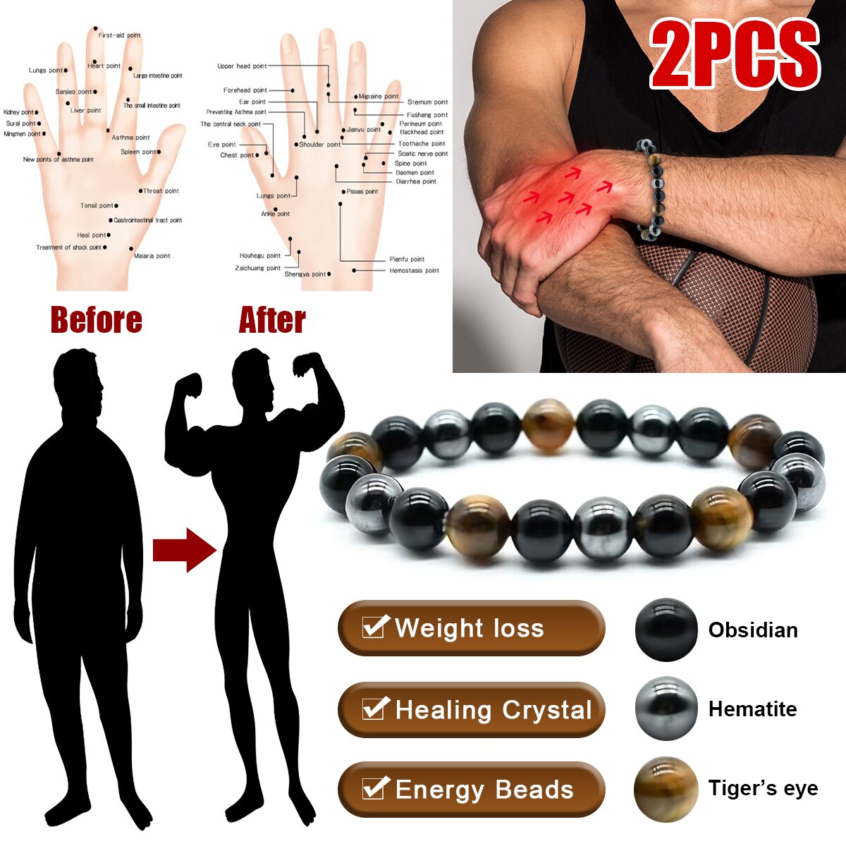 Coordinates Bracelet - 2 teile/satz dreifaches Schutz armband-Tigerauge, schwarzer