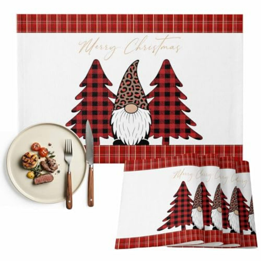 Family Tree Print - Set mit 4 Winter-Weihnachtsbaum-Gnom-Tischsets, rot-goldene Linien,