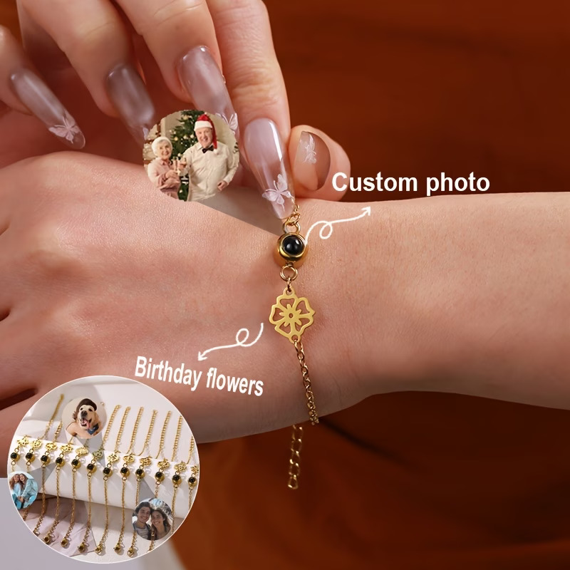 Birth Flower Necklace - Personalisiertes Foto-Armband Edelstahl-Kette Individuelles Projektions-Armband mit