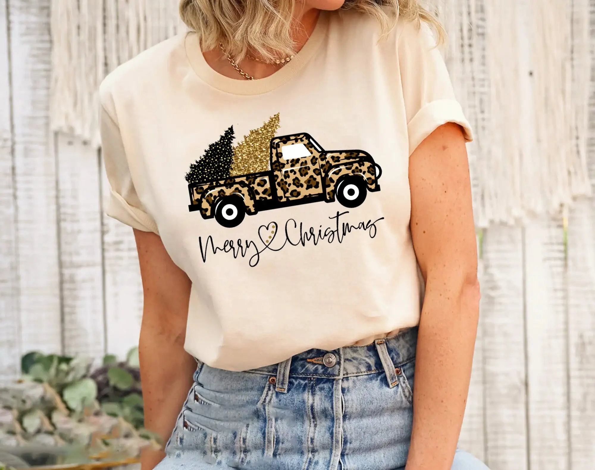 Family Tree Print - Weihnachts-Truck-T-Shirt mit Leopardenmuster für die Familie